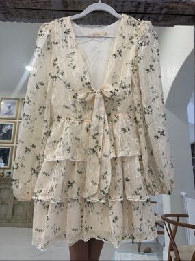 Ivory Floral Tie-Front Tiered Long-Sleeve Dress